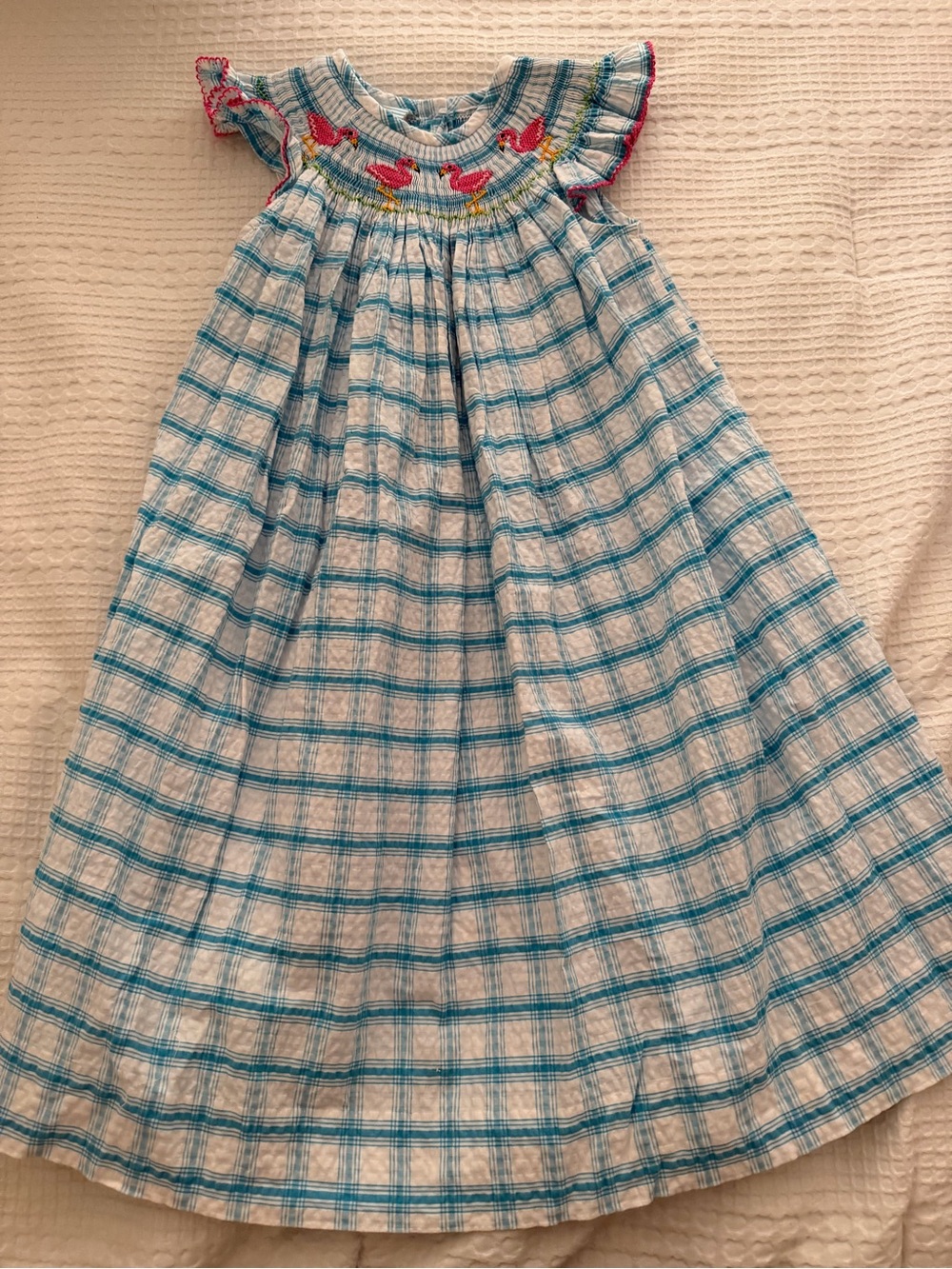 Girls Blue Plaid Smocked Dress with Flamingo Embroidery